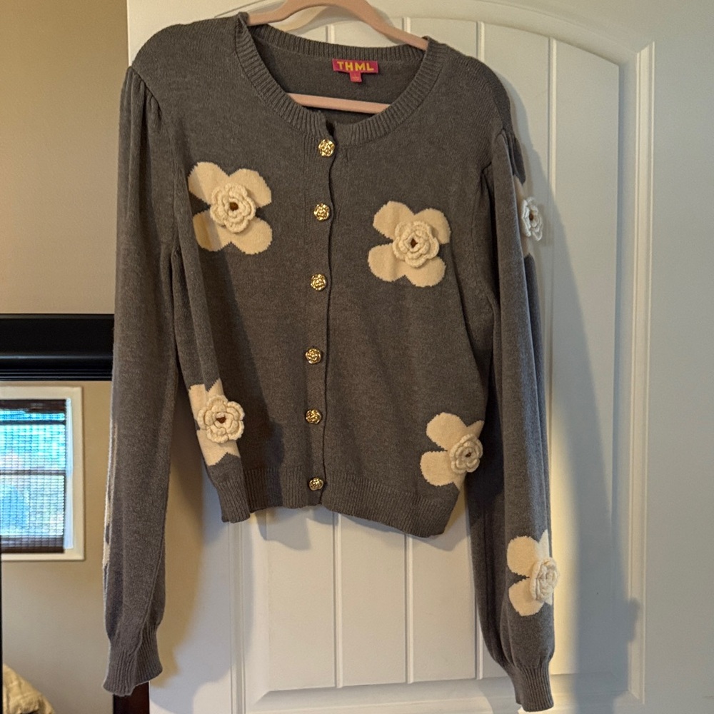 THML Gray Cardigan with Cream Floral Accents